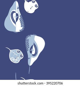 Vertical seamless pattern of fruits motif, pears, leaves, spirals, hole, spots, copy space . Hand drawn.