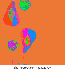 Vertical seamless pattern of fruits motif, pears, leaves, spirals, hole, spots, copy space . Hand drawn.