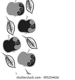 Vertical seamless pattern of fruits motif, apples, leaves, spirals, hole, spots, copy space . Hand drawn.