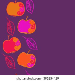 Vertical seamless pattern of fruits motif, apples, leaves, spirals, hole, spots, copy space . Hand drawn.