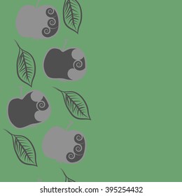 Vertical seamless pattern of fruits motif, apples, leaves, spirals, hole, spots, copy space . Hand drawn.