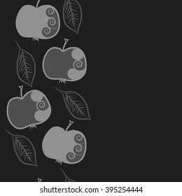 Vertical seamless pattern of fruits motif, apples, leaves, spirals, hole, spots, copy space . Hand drawn.