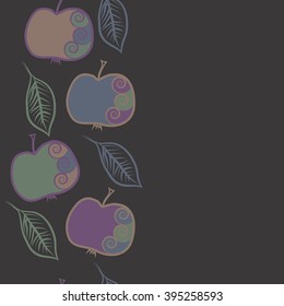 Vertical seamless pattern of fruits motif, apples, leaves, spirals, hole, spots, copy space . Hand drawn.