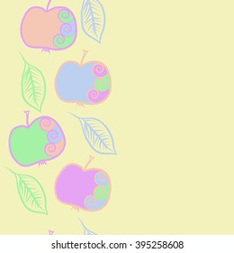 Vertical seamless pattern of fruits motif, apples, leaves, spirals, hole, spots, copy space . Hand drawn.