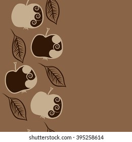 Vertical seamless pattern of fruits motif, apples, leaves, spirals, hole, spots, copy space . Hand drawn.