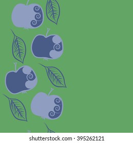 Vertical seamless pattern of fruits motif, apples, leaves, spirals, hole, spots, copy space . Hand drawn.