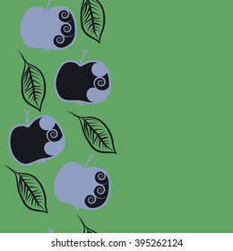 Vertical seamless pattern of fruits motif, apples, leaves, spirals, hole, spots, copy space . Hand drawn.