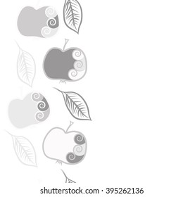 Vertical seamless pattern of fruits motif, apples, leaves, spirals, hole, spots, copy space . Hand drawn.