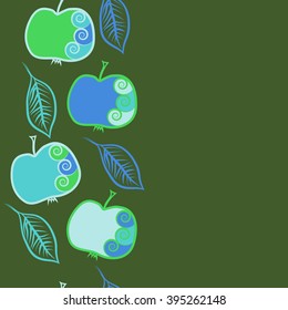 Vertical seamless pattern of fruits motif, apples, leaves, spirals, hole, spots, copy space . Hand drawn.