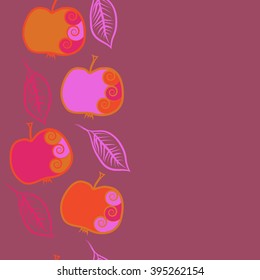 Vertical seamless pattern of fruits motif, apples, leaves, spirals, hole, spots, copy space . Hand drawn.