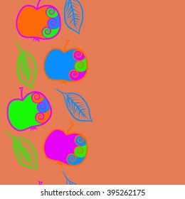 Vertical seamless pattern of fruits motif, apples, leaves, spirals, hole, spots, copy space . Hand drawn.