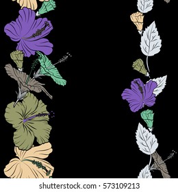 Vertical seamless pattern in gray and violet colors with copy space (place for your text). Vector vintage seamless tropical hibiscus flowers.