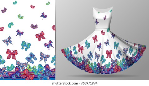 Vertical seamless pattern with hand draw butterfly on dress mockup. Vector. Bright blue, red, violet on white.