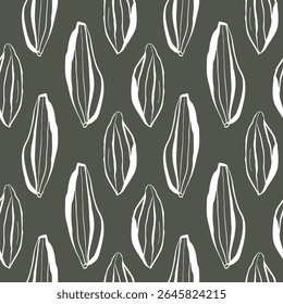 Padrão vertical sem costura com vagens de cardamomo desenhadas à mão em estilo linear minimalista para têxteis de cozinha e embalagem natural