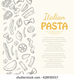 Vertical seamless pattern with Italian pasta. Vector illustration for your design