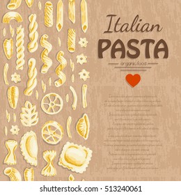 Vertical seamless pattern with Italian pasta. Vector illustration for your design