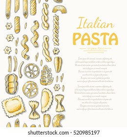 Vertical seamless pattern with Italian pasta. Vector illustration for your design