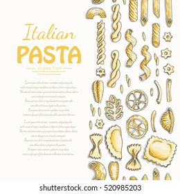 Vertical seamless pattern with Italian pasta. Vector illustration for your design