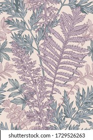 Vertical seamless pattern with leaves and plants. Vector botanical illustration. Lilac, blue, pink.