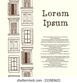 Vertical seamless pattern made of hand drawn sketchy italian windows and place for the text on the side.