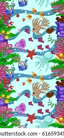 Vertical seamless pattern with marine life: fish, starfish, jellyfish, seaweed, shells, bubbles and corals. Hand draw art