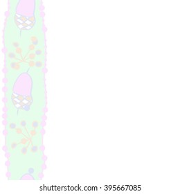 Vertical seamless pattern of objects, acorn, quadrangles, ellipses, hole, spots, copy space . Hand drawn.