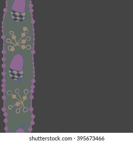 Vertical seamless pattern of objects, acorn, quadrangles, ellipses, hole, spots, copy space . Hand drawn.