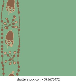 Vertical seamless pattern of objects, acorn, quadrangles, ellipses, hole, spots, copy space . Hand drawn.