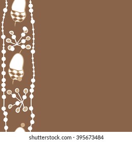 Vertical seamless pattern of objects, acorn, quadrangles, ellipses, hole, spots, copy space . Hand drawn.