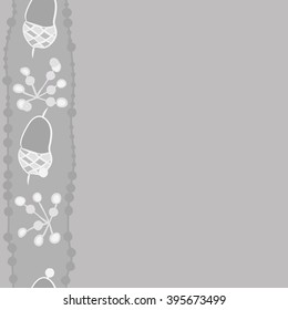 Vertical seamless pattern of objects, acorn, quadrangles, ellipses, hole, spots, copy space . Hand drawn.