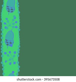 Vertical seamless pattern of objects, acorn, quadrangles, ellipses, hole, spots, copy space . Hand drawn.