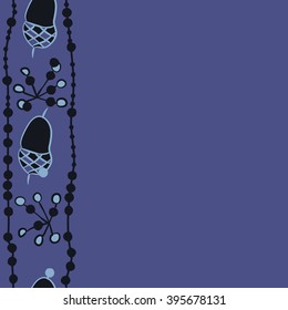Vertical seamless pattern of objects, acorn, quadrangles, ellipses, hole, spots, copy space . Hand drawn.