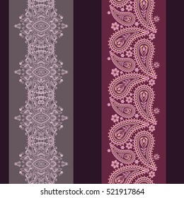 Vertical seamless pattern with paisley and flowers. Vector set of 2. Purple and grey background. Use for embroidery, braid, tape, ribbon.




