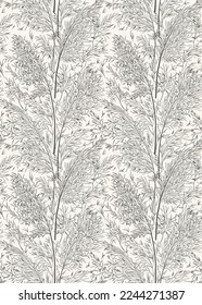 Vertical seamless pattern with pampas grass. Black and White tones. Botanical illustration. Vector drawing. Herbal background for wallpaper. Sketch.