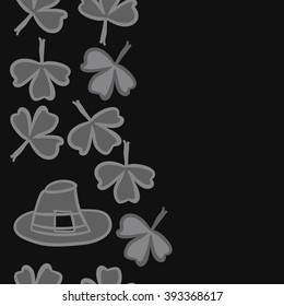 Vertical seamless pattern of patrick's day,  ireland,doodles,leaves,clover,spring,symbol,irish,shamrock, hats, copy space . Hand drawn.