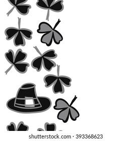 Vertical seamless pattern of patrick's day,  ireland,doodles,leaves,clover,spring,symbol,irish,shamrock, hats, copy space . Hand drawn.