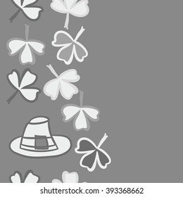 Vertical seamless pattern of patrick's day,  ireland,doodles,leaves,clover,spring,symbol,irish,shamrock, hats, copy space . Hand drawn.