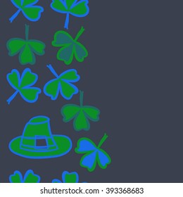 Vertical seamless pattern of patrick's day,  ireland,doodles,leaves,clover,spring,symbol,irish,shamrock, hats, copy space . Hand drawn.