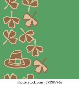 Vertical seamless pattern of patrick's day,  ireland,doodles,leaves,clover,spring,symbol,irish,shamrock, hats, copy space . Hand drawn.