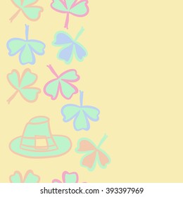 Vertical seamless pattern of patrick's day,  ireland,doodles,leaves,clover,spring,symbol,irish,shamrock, hats, copy space . Hand drawn.