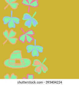Vertical seamless pattern of patrick's day,  ireland,doodles,leaves,clover,spring,symbol,irish,shamrock, hats, copy space . Hand drawn.