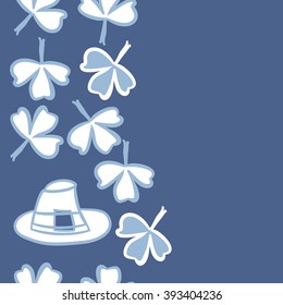Vertical seamless pattern of patrick's day,  ireland,doodles,leaves,clover,spring,symbol,irish,shamrock, hats, copy space . Hand drawn.