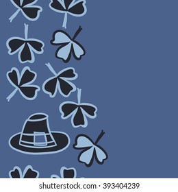 Vertical seamless pattern of patrick's day,  ireland,doodles,leaves,clover,spring,symbol,irish,shamrock, hats, copy space . Hand drawn.
