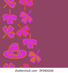 Vertical seamless pattern of patrick's day,  ireland,doodles,leaves,clover,spring,symbol,irish,shamrock, hats, copy space . Hand drawn.