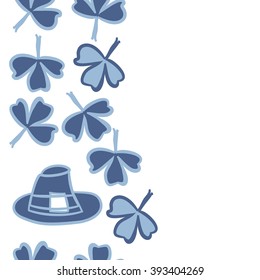 Vertical seamless pattern of patrick's day,  ireland,doodles,leaves,clover,spring,symbol,irish,shamrock, hats, copy space . Hand drawn.