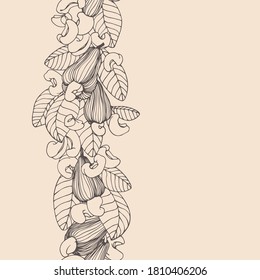 vertical seamless pattern of peeled cashew nuts, leaves & fruits, for ornaments, menu decorations, color vector illustration with sepia contour lines on a milky background in a hand drawn style