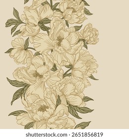Vertical seamless pattern with peonies. Beige.