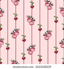 Vertical Seamless Pattern with Pomegranates and Cherries. Pink Striped Fruit Background with Cherries and Pomegranates