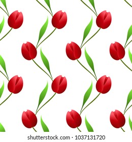 Vertical seamless pattern with red tulips on a white background.