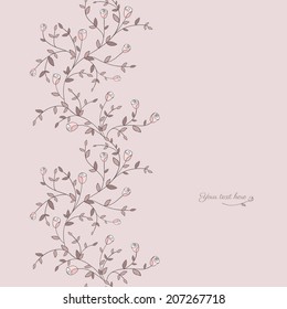 Vertical seamless pattern of roses, leaves and branches. Cute floral background
